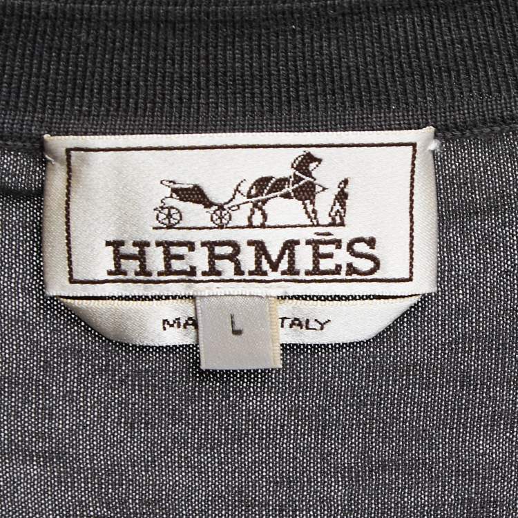 مملوكة مسبقًا Hermes Grey Cotton Knit Stripe Detail Polo T-Shirt L
