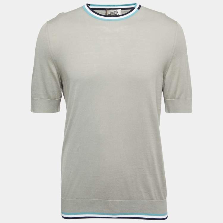 Pre Owned Hermes Grey Cotton Knit Stripe Detail Round Neck T-Shirt L