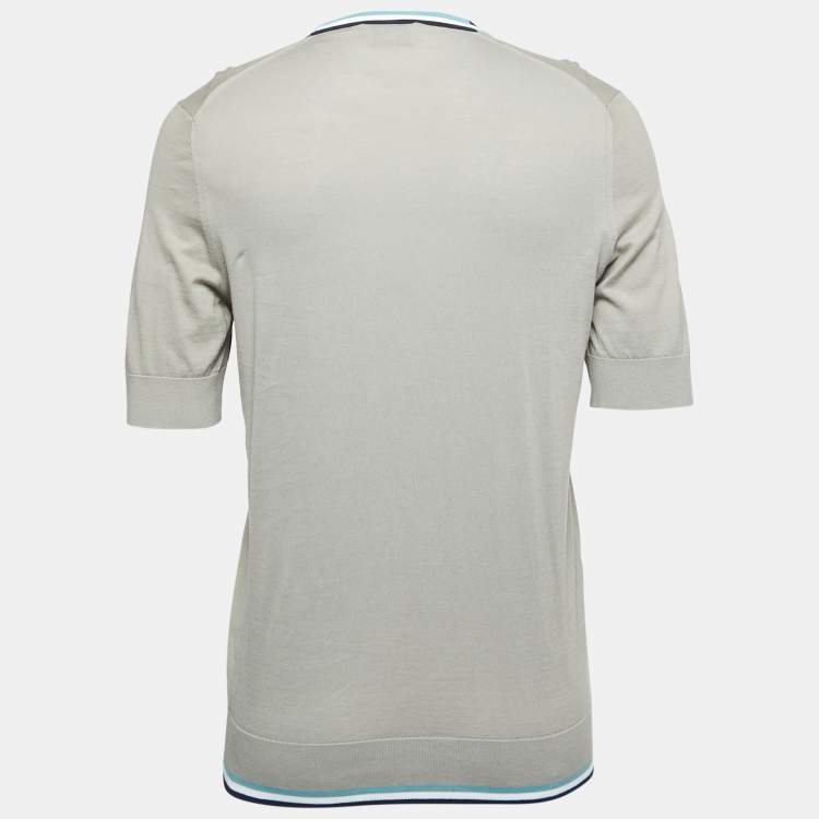 Pre Owned Hermes Grey Cotton Knit Stripe Detail Round Neck T-Shirt L