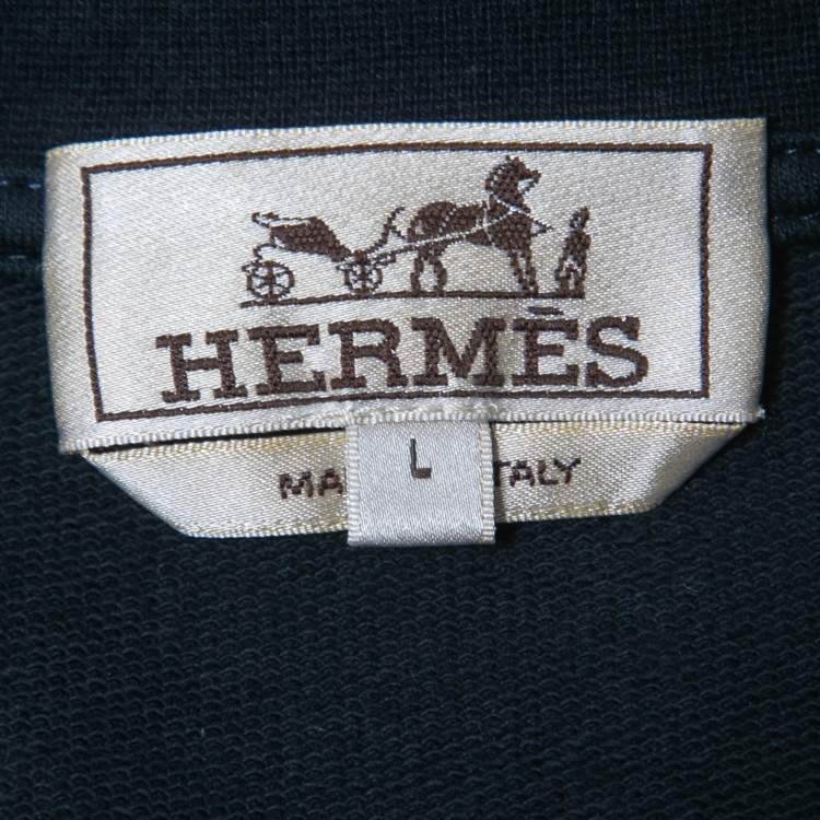 Pre Owned Hermes Navy Blue Cotton Leather Patch Detail Crew Neck T-Shirt L