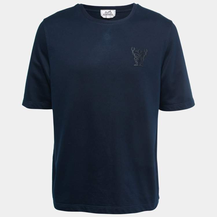 Pre Owned Hermes Navy Blue Cotton Leather Patch Detail Crew Neck T-Shirt L