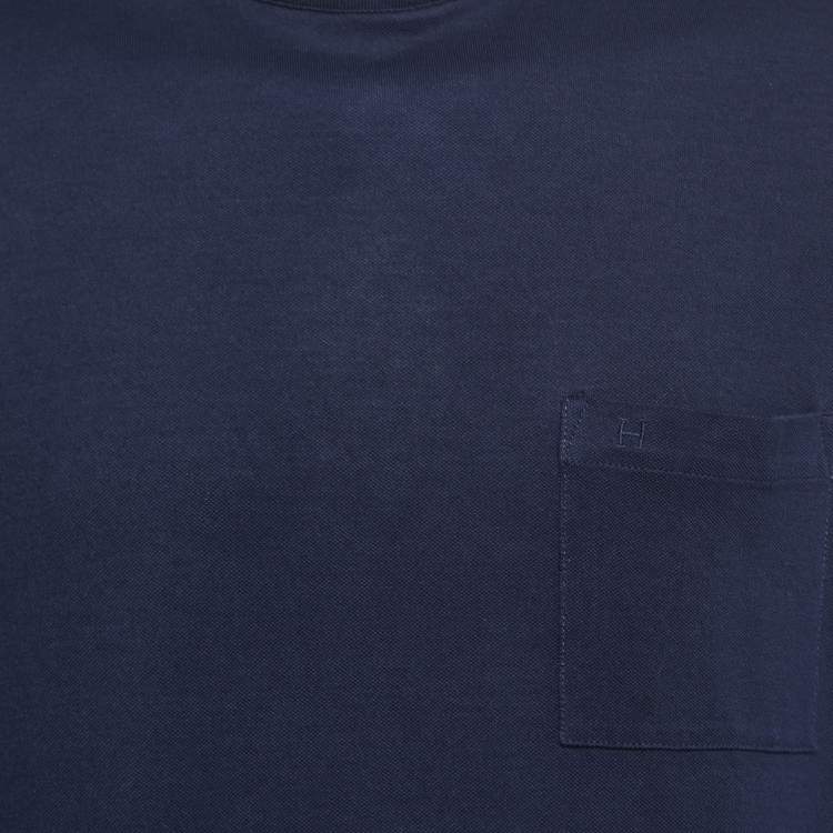 Pre Owned Hermes Navy Blue Cotton Pique Pocket Detail T-Shirt XXL