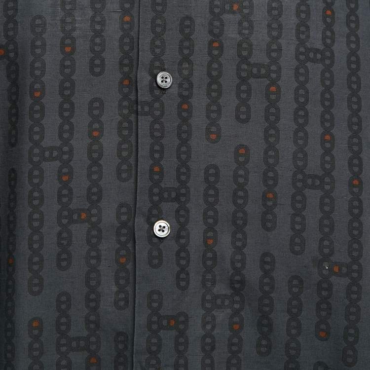 Pre Owned Hermes Blue Printed Linen Blend Full Sleeve Shirt XL