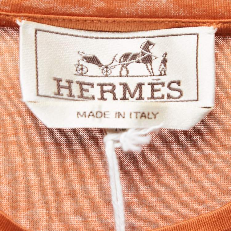 Pre Owned Hermès Orange/Brown Printed Cotton Crew Neck T-Shirts XS