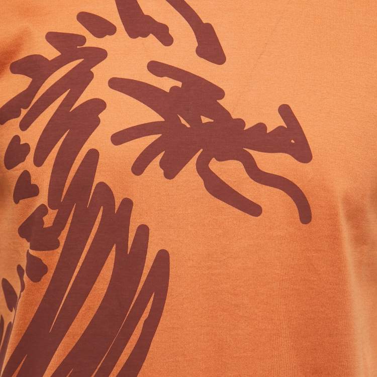 Pre Owned Hermès Orange/Brown Printed Cotton Crew Neck T-Shirts XS