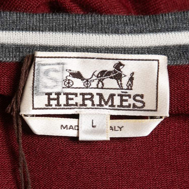 Pre Owned Hermes Red Cashmere Contrast Trim Crew Neck Pullover L