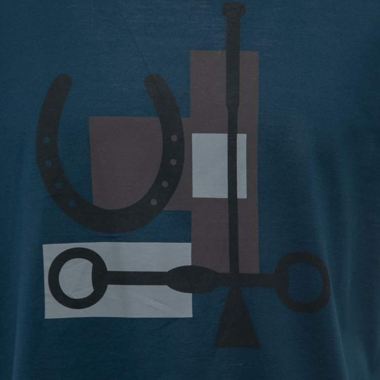 Pre Owned Hermès Bleu de Prus Her-mes Imprime Print Cotton Crew Neck T-Shirt M