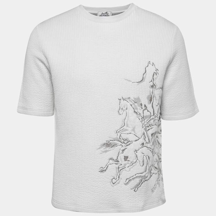 Pre Owned Hermes White Cavalcade Jacquard Cotton Rib Knit Crew Neck T-Shirt L