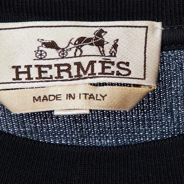Pre Owned Hermes Navy Blue Intarsia Knit Round Neck Short Sleeve T-Shirt L