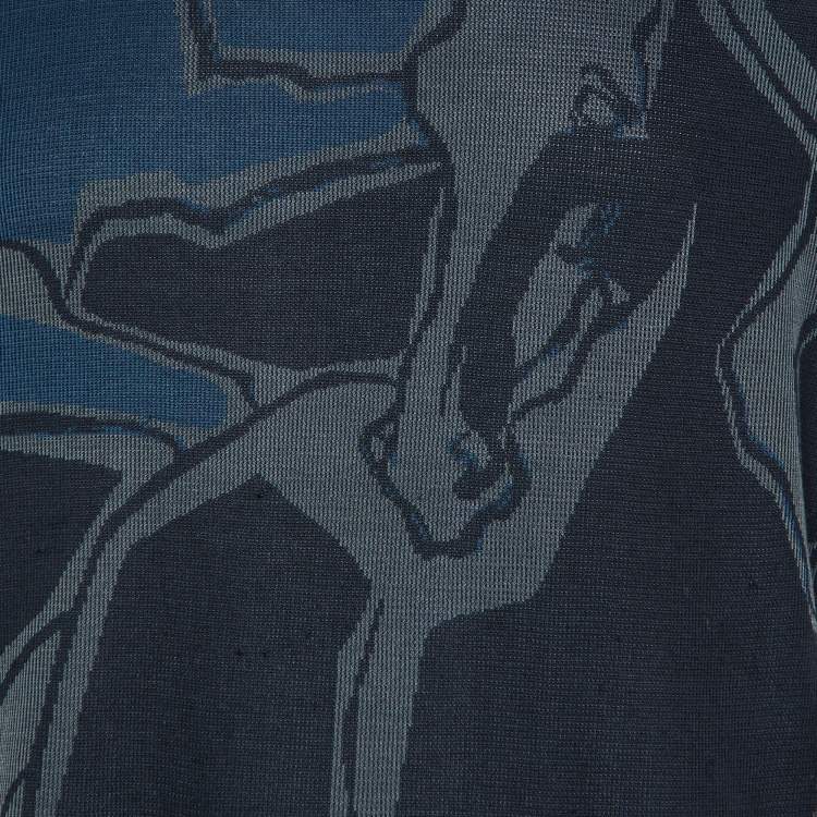 Pre Owned Hermes Navy Blue Intarsia Knit Round Neck Short Sleeve T-Shirt L