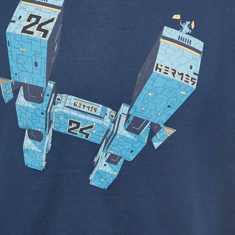 Pre Owned Hermes Navy Blue Odyssee Print Cotton Crew Neck T-Shirt L