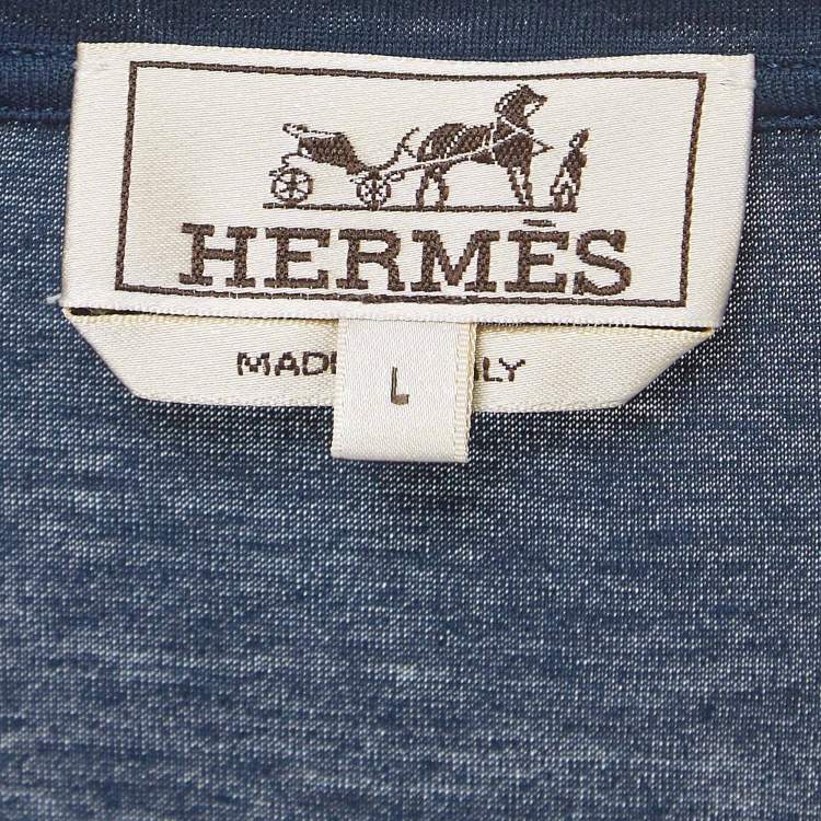 Pre Owned Hermes Navy Blue Odyssee Print Cotton Crew Neck T-Shirt L