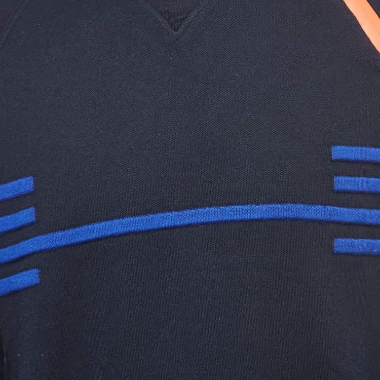 Pre Owned Hermes Navy Blue Striped Wool Knit Crew Neck Sweater L
