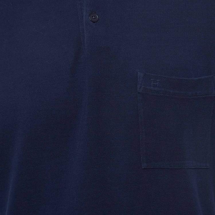 Pre Owned Hermes Navy Blue Cotton Pique Polo T-Shirt L