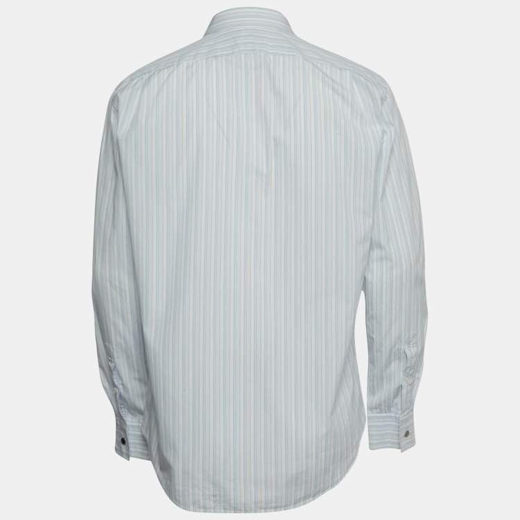 Pre Owned Hermes White/Blue Striped Cotton Long Sleeve Shirt XL