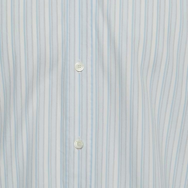 Pre Owned Hermes White/Blue Striped Cotton Long Sleeve Shirt XL