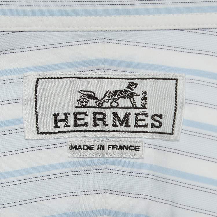 Pre Owned Hermes White/Blue Striped Cotton Long Sleeve Shirt XL