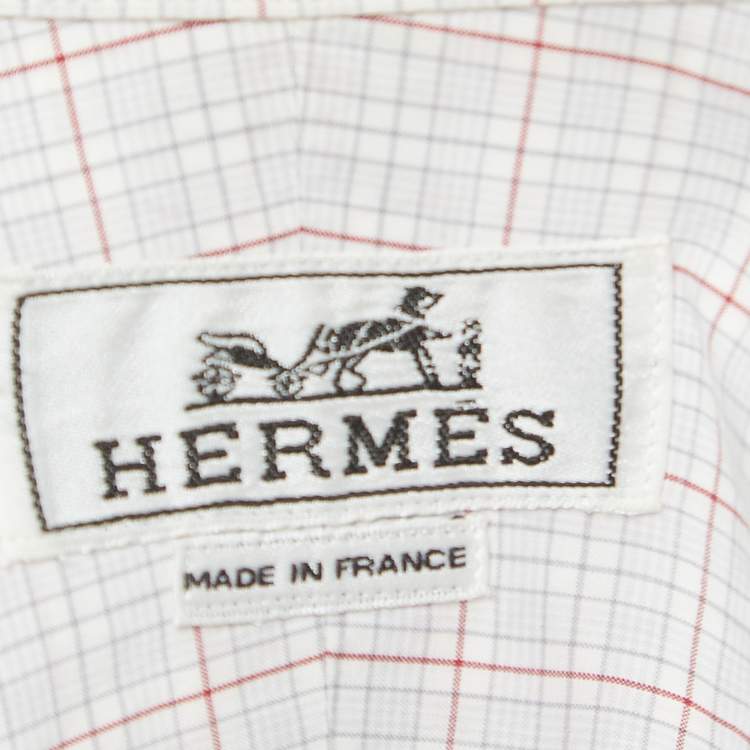 Pre Owned Hermes White Plaid Cotton Button Down Full Sleeve Shirt L
