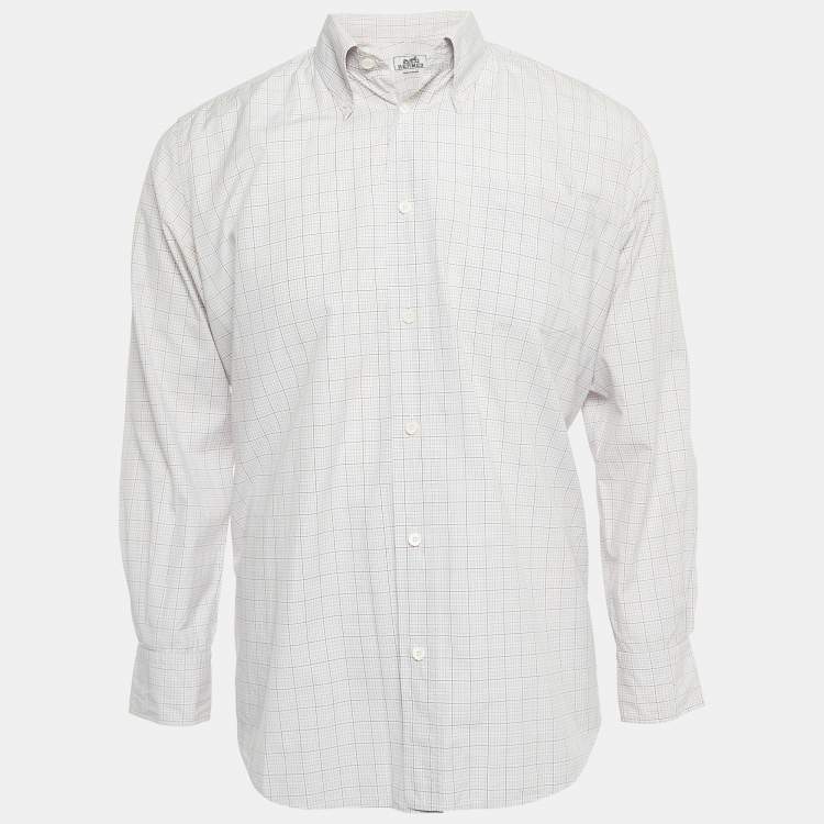 Pre Owned Hermes White Plaid Cotton Button Down Full Sleeve Shirt L