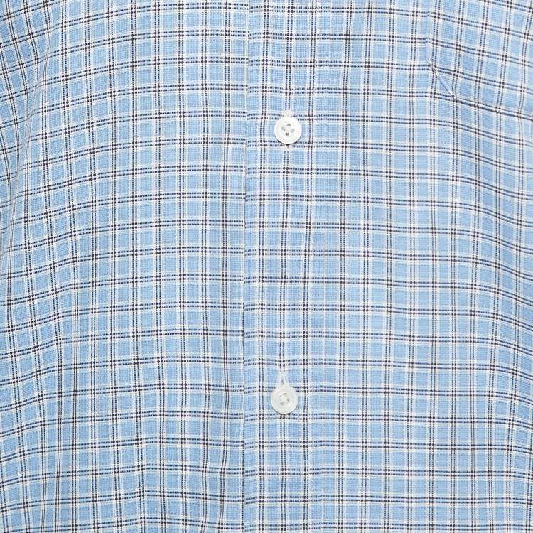 Pre Owned Hermes Blue Checked Cotton Button Down Full Sleeve Shirt L 