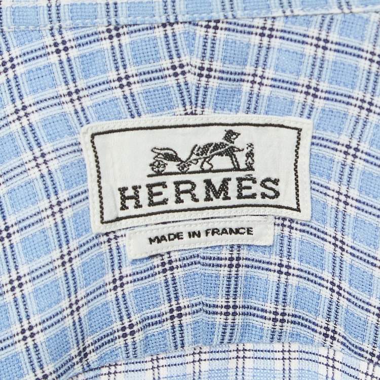 Pre Owned Hermes Blue Checked Cotton Button Down Full Sleeve Shirt L 