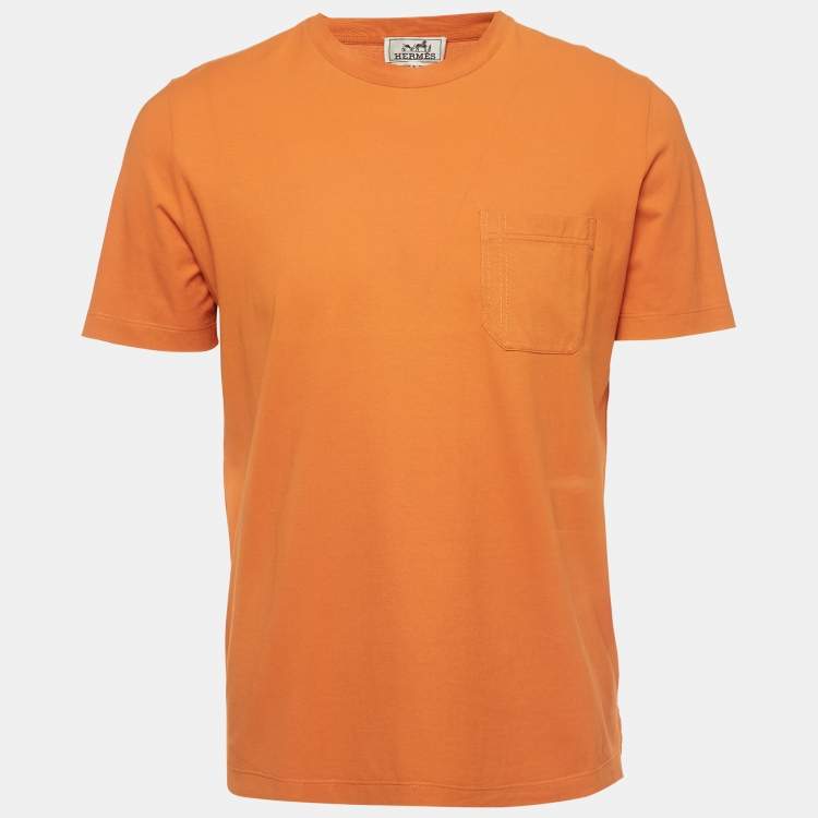 Pre Owned Hermes Orange Cotton Pocket Detail Half Sleeve T-Shirt M