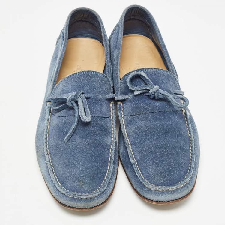 Pre Owned Hermes Blue Suede Slip On Loafers Size 42