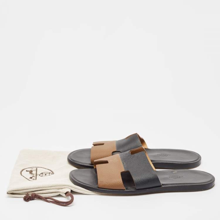 Pre Owned Hermes Brown/Black Leather Izmir Flat Slides Size 43