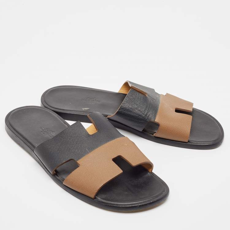 Pre Owned Hermes Brown/Black Leather Izmir Flat Slides Size 43
