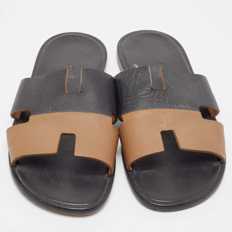 Pre Owned Hermes Brown/Black Leather Izmir Flat Slides Size 43