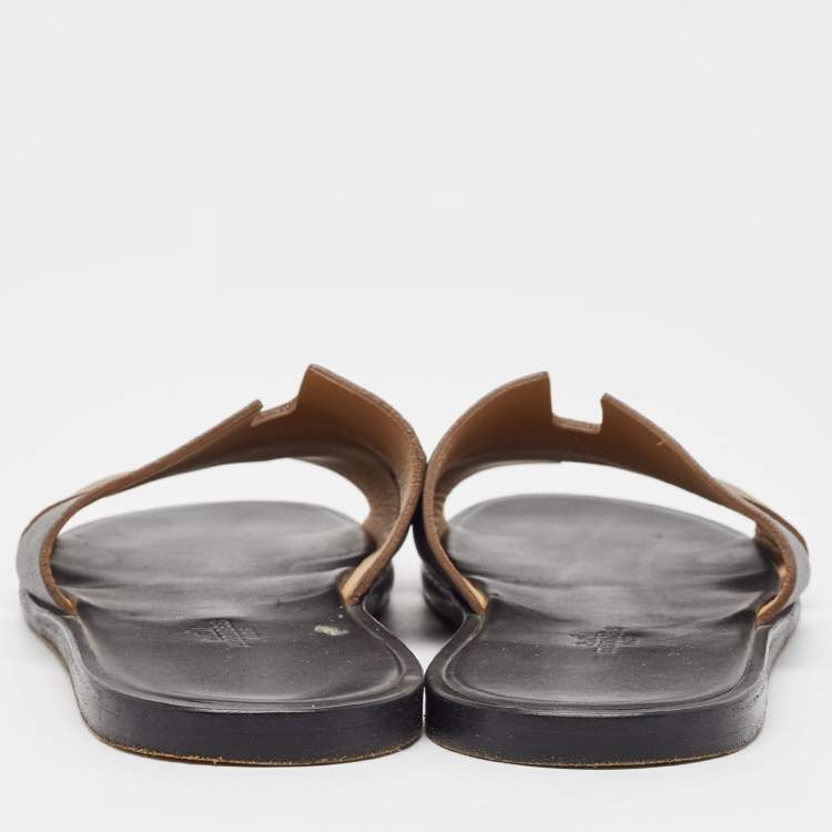 Pre Owned Hermes Brown/Black Leather Izmir Flat Slides Size 43