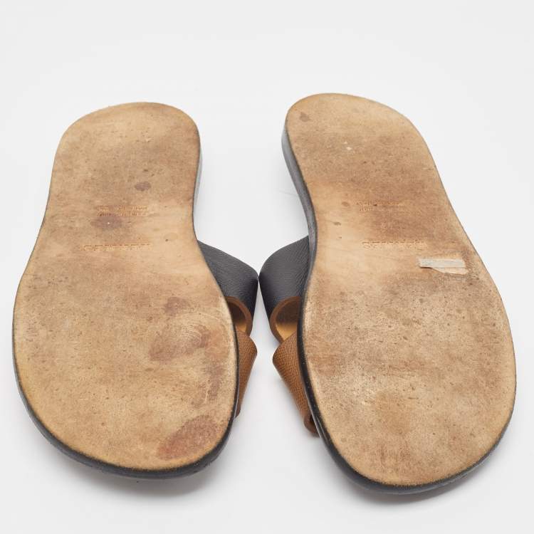 Pre Owned Hermes Brown/Black Leather Izmir Flat Slides Size 43