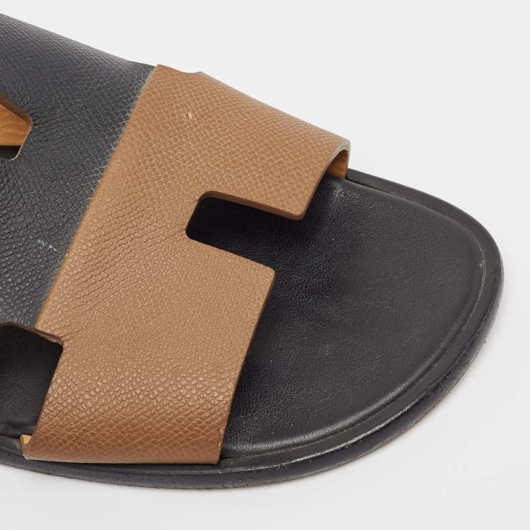 Pre Owned Hermes Brown/Black Leather Izmir Flat Slides Size 43