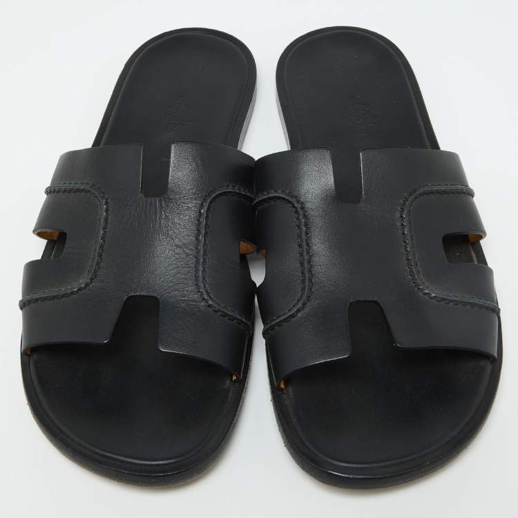 Pre Owned Hermes Black Leather Pique Izmir Flat Slides Size 42.5