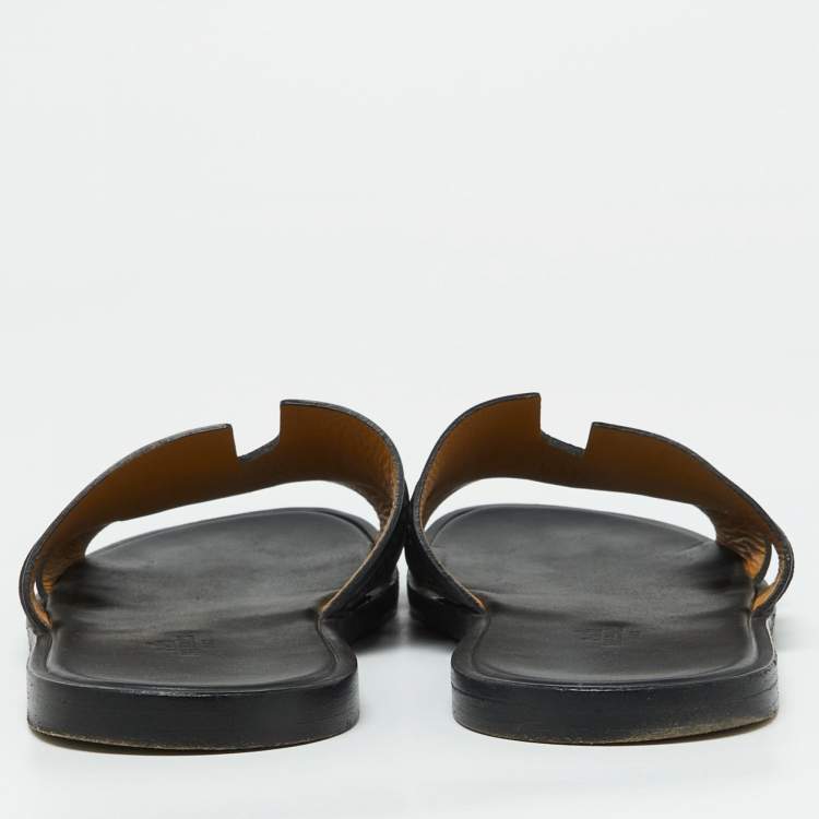 Pre Owned Hermes Black Leather Pique Izmir Flat Slides Size 42.5