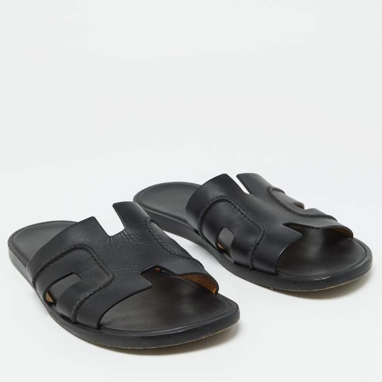Pre Owned Hermes Black Leather Pique Izmir Flat Slides Size 42.5