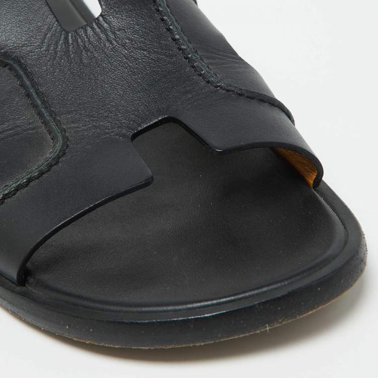 Pre Owned Hermes Black Leather Pique Izmir Flat Slides Size 42.5