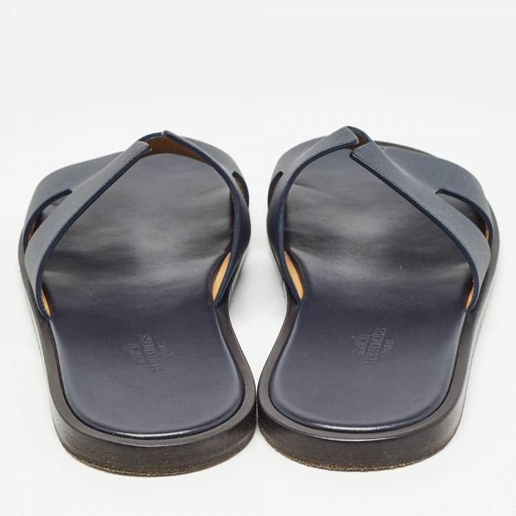 Pre Owned Hermes Navy Blue Leather Izmir Flat Slides Size 40