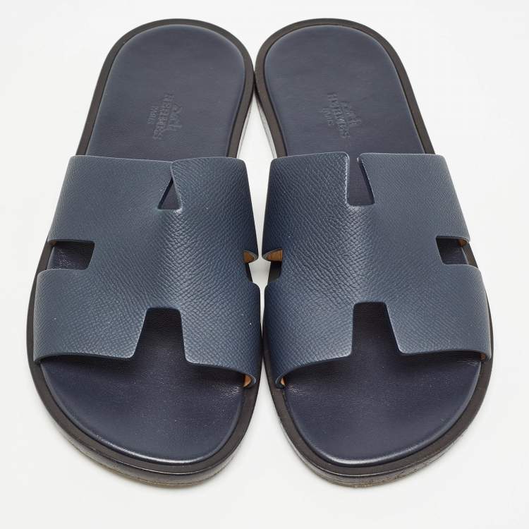 Pre Owned Hermes Navy Blue Leather Izmir Flat Slides Size 40