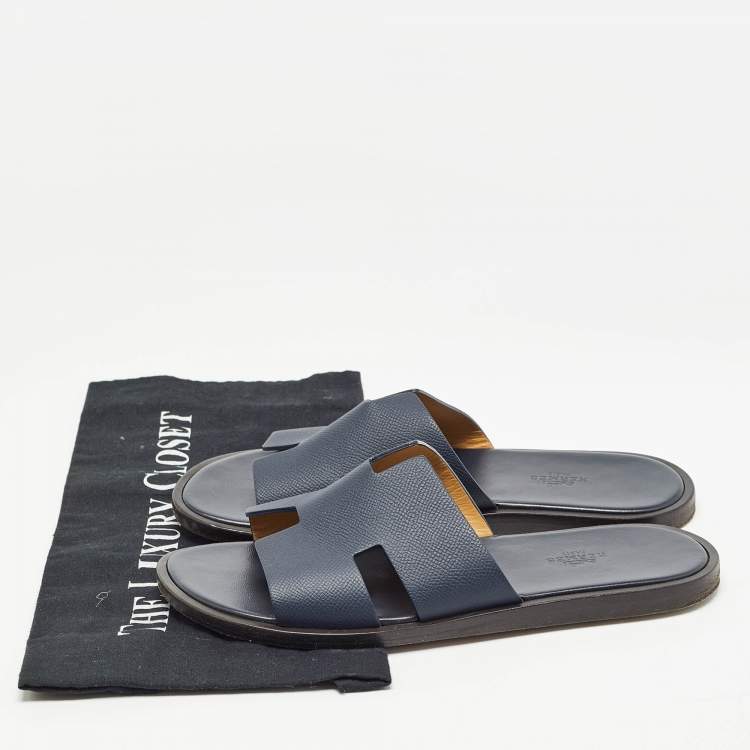 Pre Owned Hermes Navy Blue Leather Izmir Flat Slides Size 40