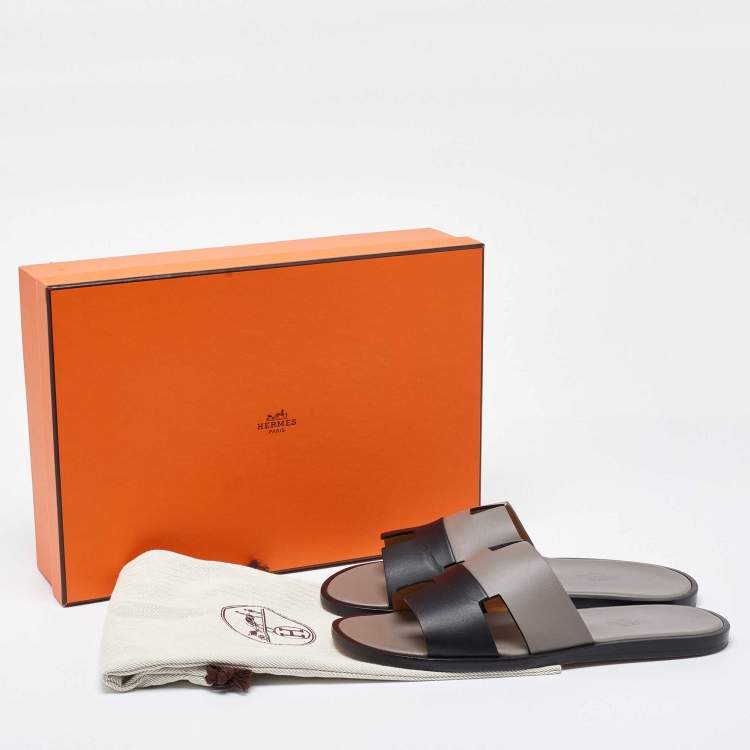 Pre Owned Hermes Grey/Black Leather Izmir Flat Slides Size 41.5