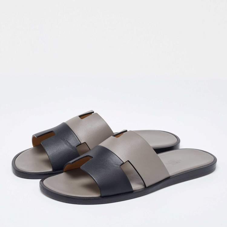 Pre Owned Hermes Grey/Black Leather Izmir Flat Slides Size 41.5