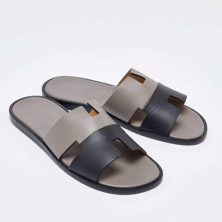 Pre Owned Hermes Grey/Black Leather Izmir Flat Slides Size 41.5