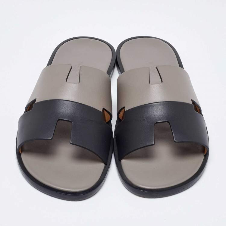 Pre Owned Hermes Grey/Black Leather Izmir Flat Slides Size 41.5