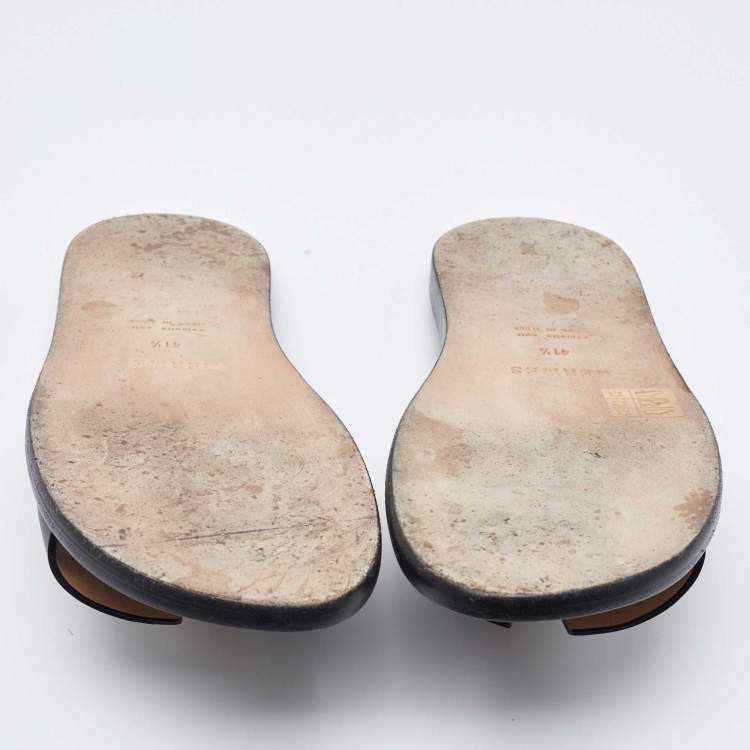 Pre Owned Hermes Grey/Black Leather Izmir Flat Slides Size 41.5