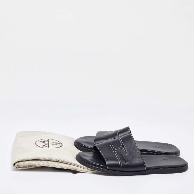 Pre Owned Hermes Black Leather Slides Size 42