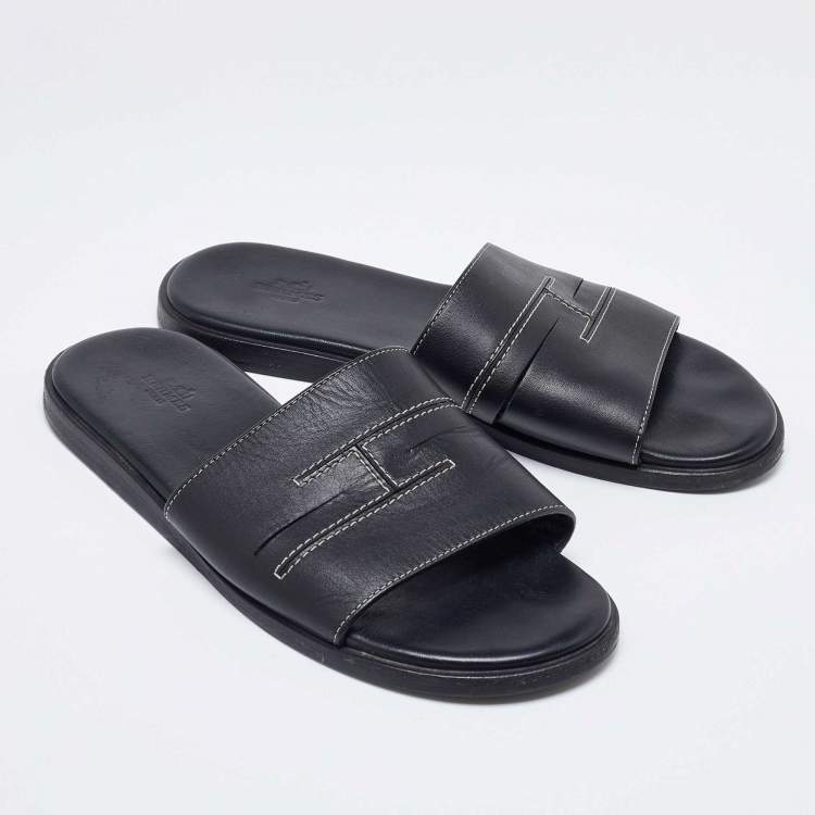 Pre Owned Hermes Black Leather Slides Size 42