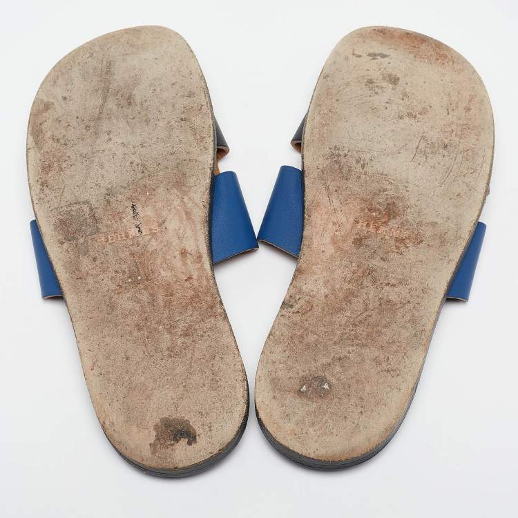 Pre Owned Hermes Blue/Black Leather Izmir Sandals Size 43.5