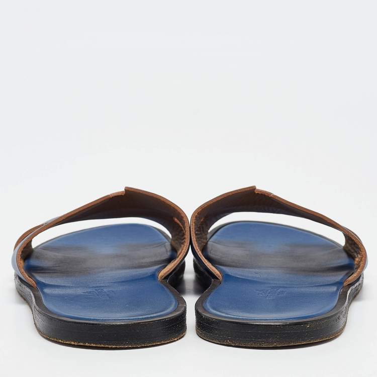 Pre Owned Hermes Blue/Black Leather Izmir Sandals Size 43.5