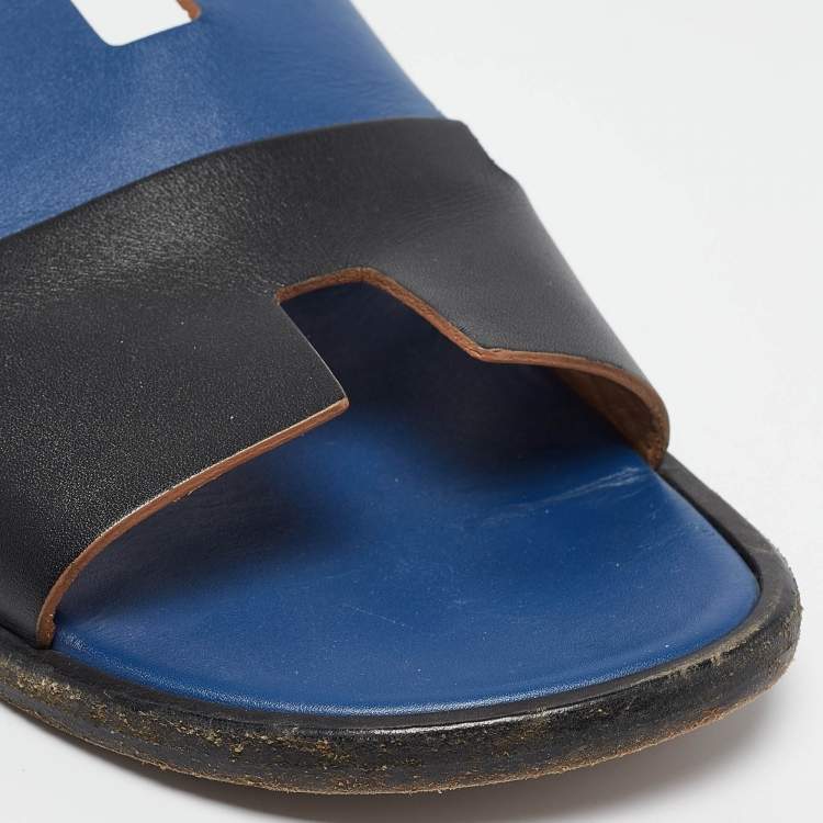 Pre Owned Hermes Blue/Black Leather Izmir Sandals Size 43.5